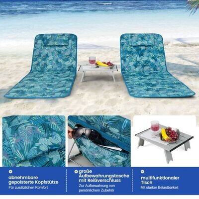 2 x Strandmatte mit Beistelltisch Verstellbares Liegestuhl-Set 151 x 55,5 x 27-47 Türkisblau