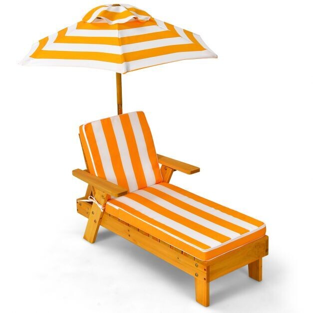 Kinder Sonnenliege mit Sonnenschirm Kinderliege Holz 92 x 49 x 106 cm Gelb + Weiss