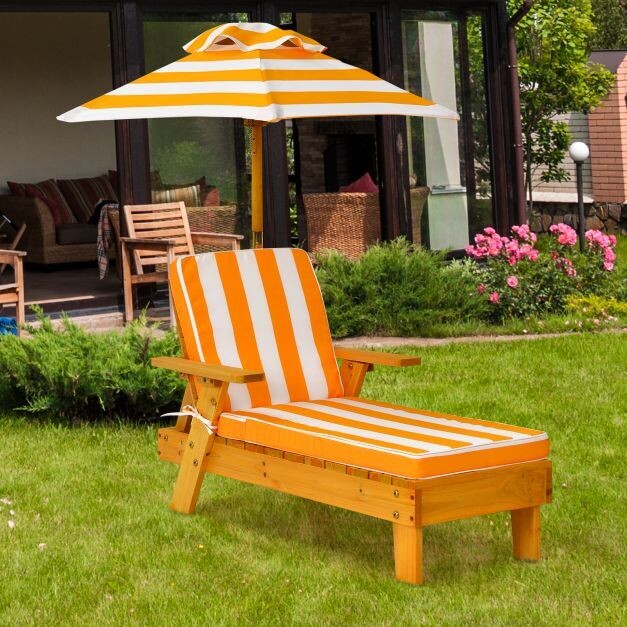 Kinder Sonnenliege mit Sonnenschirm Kinderliege Holz 92 x 49 x 106 cm Gelb + Weiss