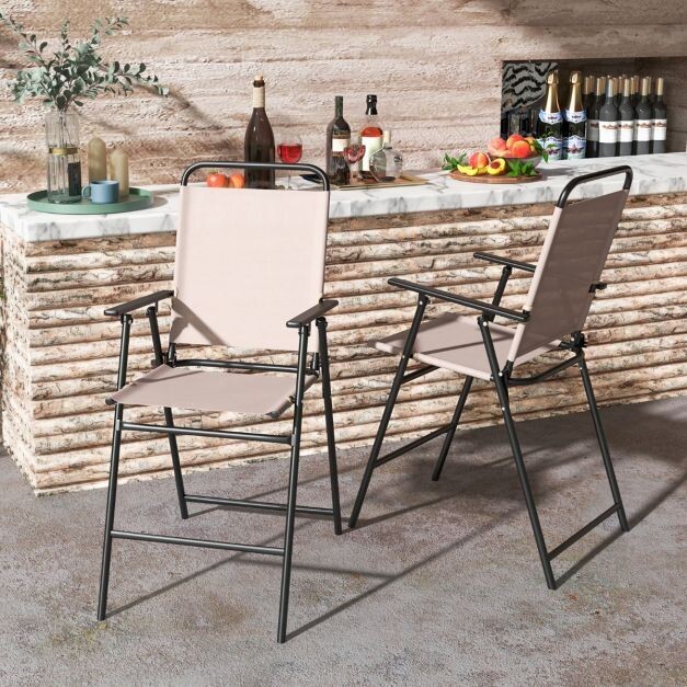 2er Set Gartenstühle Barhocker mit Fussstütze Sitzhöhe 63 cm Beige + Metall