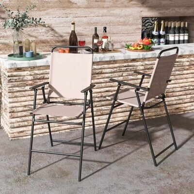 2er Set Gartenstühle Barhocker mit Fussstütze Sitzhöhe 63 cm Beige + Metall
