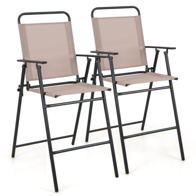 2er Set Gartenstühle Barhocker mit Fussstütze Sitzhöhe 63 cm Beige + Metall