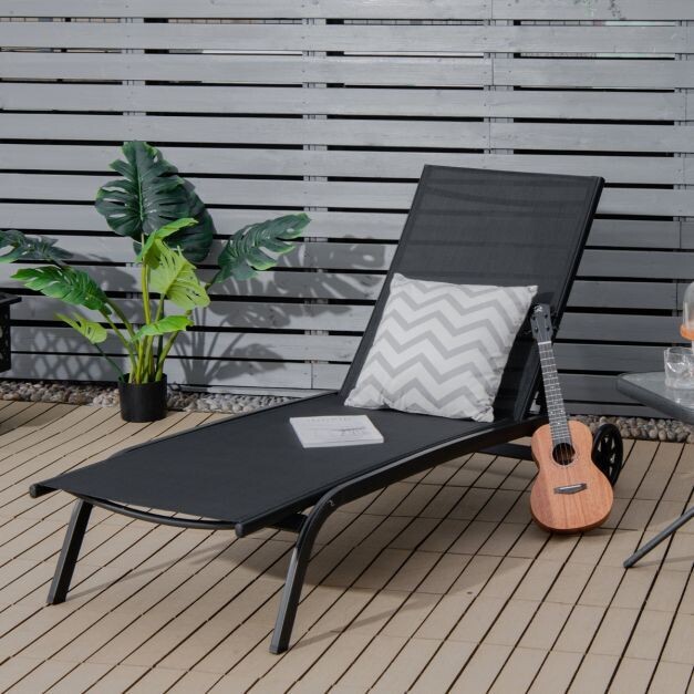 Verstellbare Sonnenliege mit Rädern und schnell trocknendem Stoff für Pool und Garten Schwarz