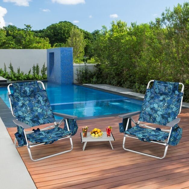 3 tlg. Strandstuhl &amp; Tisch Set Outdoor Liegestühle mit Aufrollbarem Campingtisch Blau Blätter