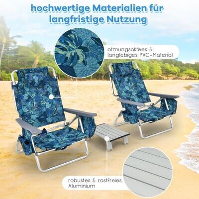 3 tlg. Strandstuhl & Tisch Set Outdoor Liegestühle mit Aufrollbarem Campingtisch Blau Blätter