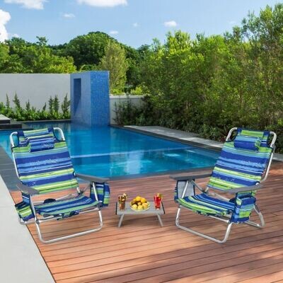 3 tlg. Strandstuhl & Tisch Set Outdoor Liegestühle mit Aufrollbarem Campingtisch blau