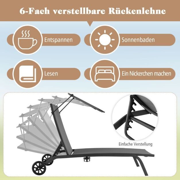 Terrassenliege Outdoor-Liegestuhl mit Rädern Strandliege aus Metall Grau