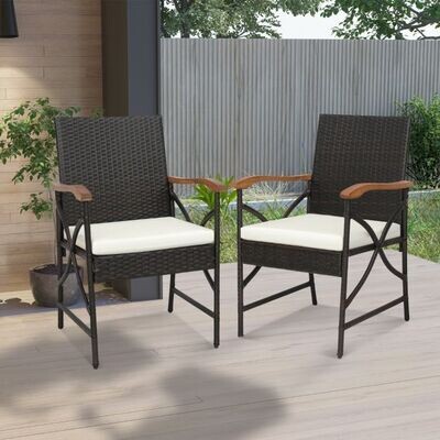 2er Set Rattan Stühle Terrassen-Korbstühle mit Rückenlehne &amp; Armlehne aus Holz