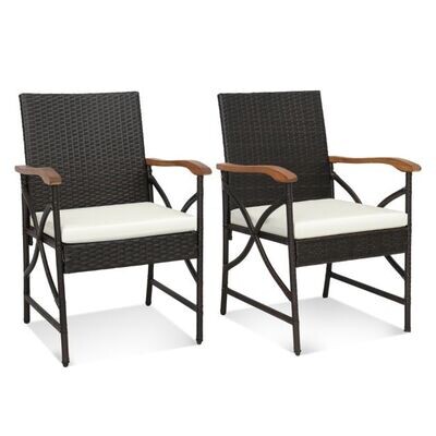 2er Set Rattan Stühle Terrassen-Korbstühle mit Rückenlehne &amp; Armlehne aus Holz