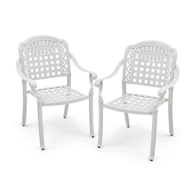 2er Set Gartenstühle aus Alu mit Armlehnen Stapelstühle Gartensessel für Balkon Weiss