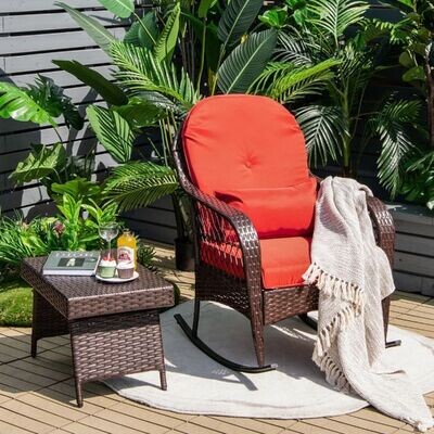 Schaukelstuhl Rattan mit roten Kissen Relaxliege Rattanschaukelstuhl 67 x 87 x 95 cm Braun