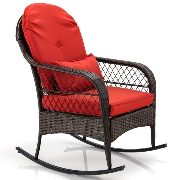 Schaukelstuhl Rattan mit roten Kissen Relaxliege Rattanschaukelstuhl 67 x 87 x 95 cm Braun