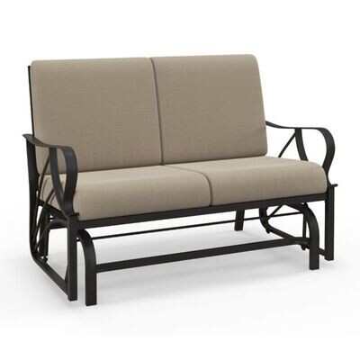 Gartenbank mit Kissen gespritztem Metallrahmen gebogenen Armlehnen ergonomischem Design Braun