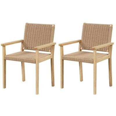 2er Set Gartenstühle Holz Esszimmerstühle mit Seilgeflecht &amp; Rückenlehne &amp; Armlehne Natur