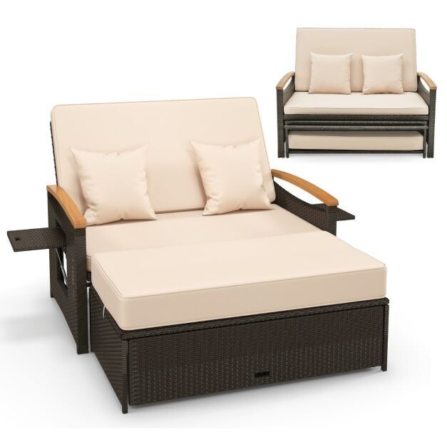 3 in 1 Rattan Garten Doppelliege Tagesbett Gartensofa mit 4-stufig verstellbarer Rückenlehne