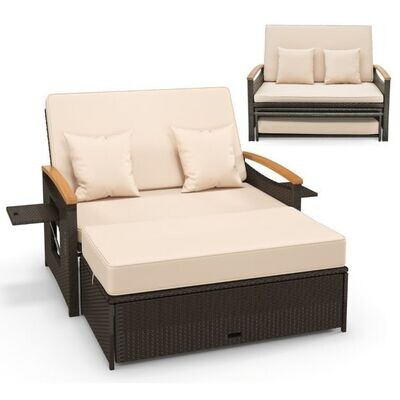 3 in 1 Rattan Garten Doppelliege Tagesbett Gartensofa mit 4-stufig verstellbarer Rückenlehne