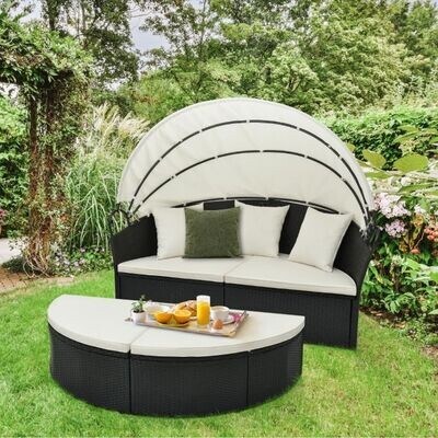 Rattan Sonnenliege rund 2-3 Personen Gartenliege mit Sitzkissen & Rückenkissen & einziehbarem Baldachin