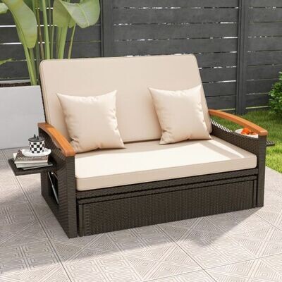 3 in 1 Rattan Garten Doppelliege Tagesbett Gartensofa mit 4-stufig verstellbarer Rückenlehne