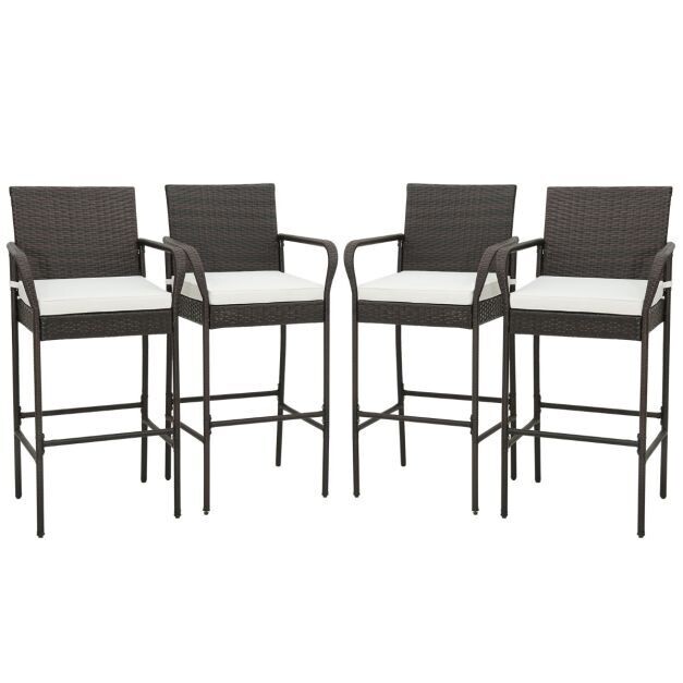 4er Set Rattan-Barhocker mit Kissen &amp; Fussstütze Barstühle 180 kg Max. Belastbarkeit