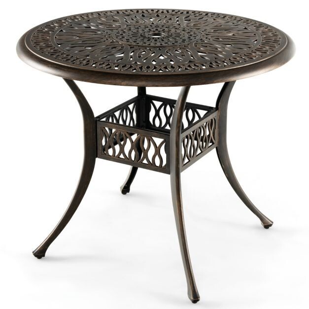 Runder Terrassen-Esstisch Bistrotisch aus Aluminiumguss mit Schirmloch Ø90 x 74 cm Braun