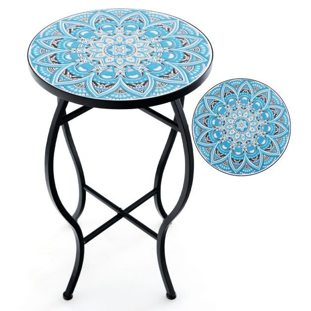 Beistelltisch Mosaiktisch Rund Gartentisch Bistrotisch ∅30 x 50 cm Blau und Schwarz