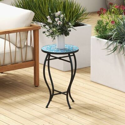 Beistelltisch Mosaiktisch Rund Gartentisch Bistrotisch ∅30 x 50 cm Blau und Schwarz