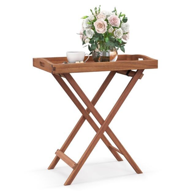 Beistelltisch Akazienholz Gartentisch klein Balkontisch Holztisch mit Lamellen-Tischplatte 68 x 44 x 74 cm Natur