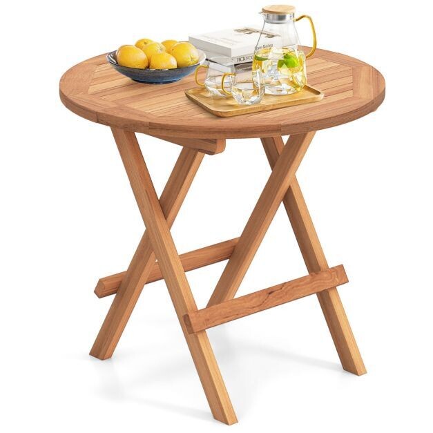 Beistelltisch klappbar wetterfester Klapptisch aus Teakholz runder Balkontisch 50 x 50 cm Natur