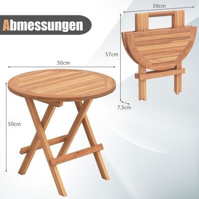 Beistelltisch klappbar wetterfester Klapptisch aus Teakholz runder Balkontisch 50 x 50 cm Natur