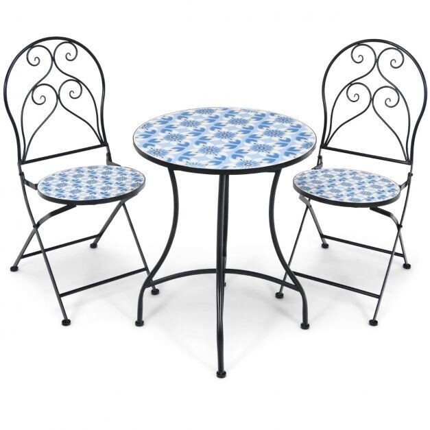 3-teiliges Terrassenmöbel-Set mit rundem Tisch und 2 Klappstühlen Blau und Schwarz