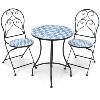 3-teiliges Terrassenmöbel-Set mit rundem Tisch und 2 Klappstühlen Blau und Schwarz