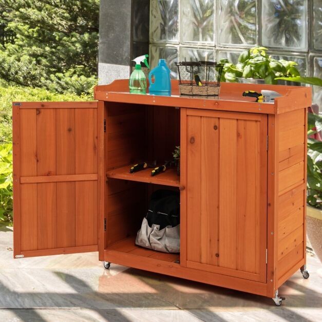 Gartenschrank aus Holz Lagerschrank mit 4 Universalrädern Garten Natur