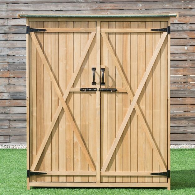Gartenschrank aus Massivholz mit schrägem Asphaltdach &amp; Doppeltüren &amp; Regalen Gerätehaus