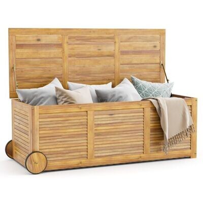 Gartenbox Holz 182L, Gartenbank auf Rollen, Aufbewahrungsbox