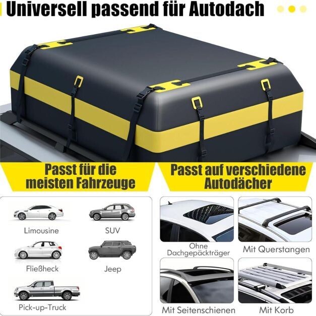 Dachbox für verschiedene Fahrzeugtypen mit rutschfester Matte Gepäckschloss verstärkten Riemen Türhaken &amp; Tasche mit Kordelzug