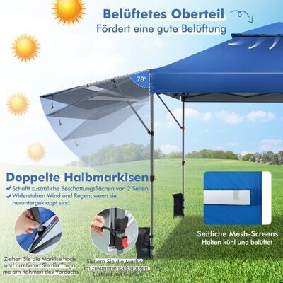 Sonnenschutzzelt seitlich aufklappbares Überdachungszelt Pavillon mit Sonnenstoren 300 x 537 x 270-290 cm Blau