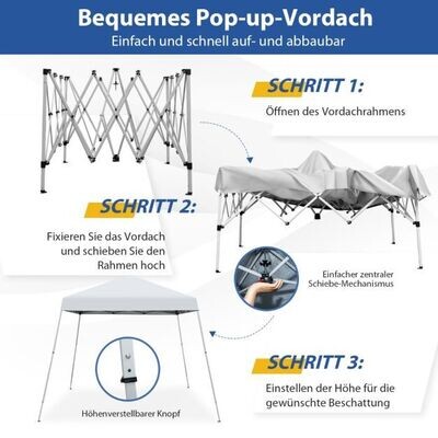 Faltpavillon 3 m x 3 m Grosses Aufklappbares Vordach weiss mit Tragetasche mit 3-stufiger Höhenverstellung