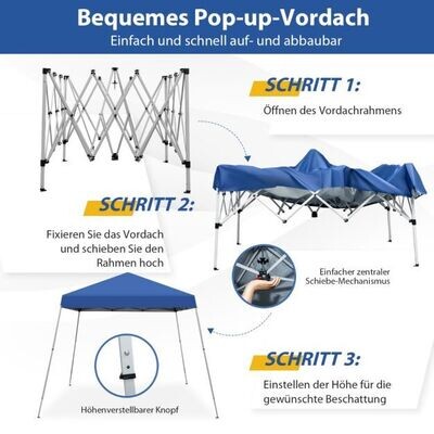 Faltpavillon 3 m x 3 m Grosses Aufklappbares Vordach Blau mit Tragetasche mit 3-stufiger Höhenverstellung