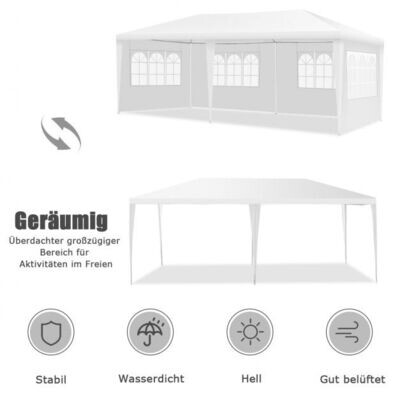6 x 3 m tragbarer Pavillon, wasserdichtes Festzelt mit 4 abnehmbaren Seitenwänden Weiss