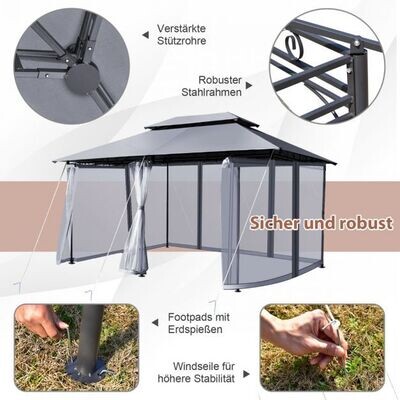 Gartenzelt, Pavillon mit abnehmbarer Netz-Seitenwand & Dächern 3,9 x 2,9 x 2,7 m Grau