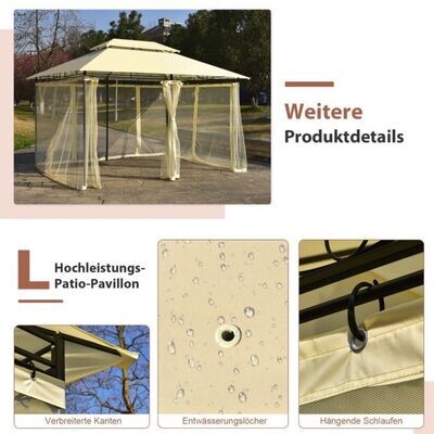 Gartenzelt, Pavillon mit abnehmbarer Netz-Seitenwand & Dächern 3,9 x 2,9 x 2,7 m beige