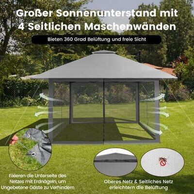 4 x 4 m Pavillon Gartenpavillon mit Netzseitenwänden UV-Schutz 50+ Grau