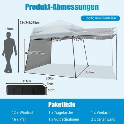 3 x 3 m Pavillon, Pop-up-Canopy-Zelt mit Markisen Outdoor-Sonnenschutz Grau
