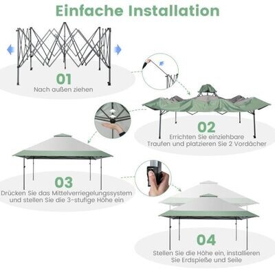 400 x 400 cm Pop-Up-Pavillon UV-Überdachungszelt mit 4 verstärkten Rippen Grün