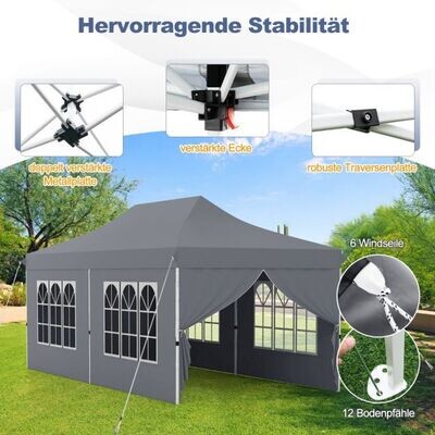 300 x 600 cm grosser Pavillon, Eventzelt mit 6 abnehmbaren Seitenwänden höhenverstellbarer Partyzelt grau