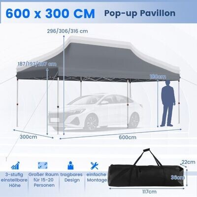300 x 600 cm grosser Pop-up-Pavillon klappbares Eventzelt mit Tragetasche grau