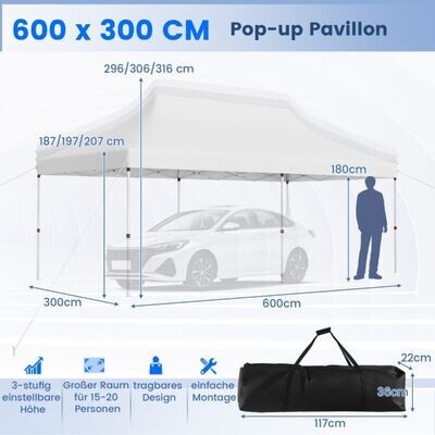 300 x 600 cm grosser Pop-up-Pavillon klappbares Eventzelt mit Tragetasche Weiss