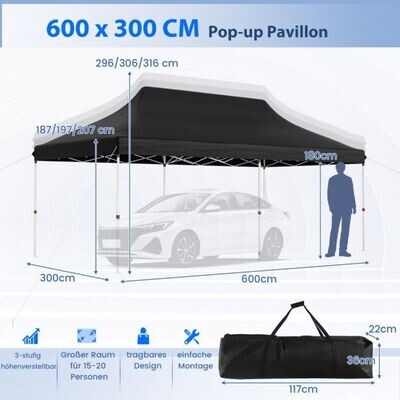 300 x 600 cm grosser Pop-up-Pavillon klappbares Eventzelt mit Tragetasche schwarz