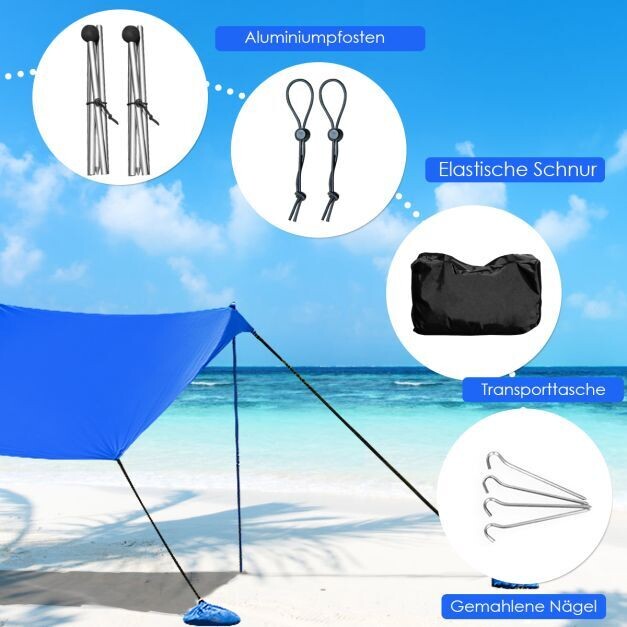 Sonnensegel Camping Sonnenschutz mit 4 Sandsäcken und 2 Alustangen Lycra Sonnendach Blau 300 x 280 cm