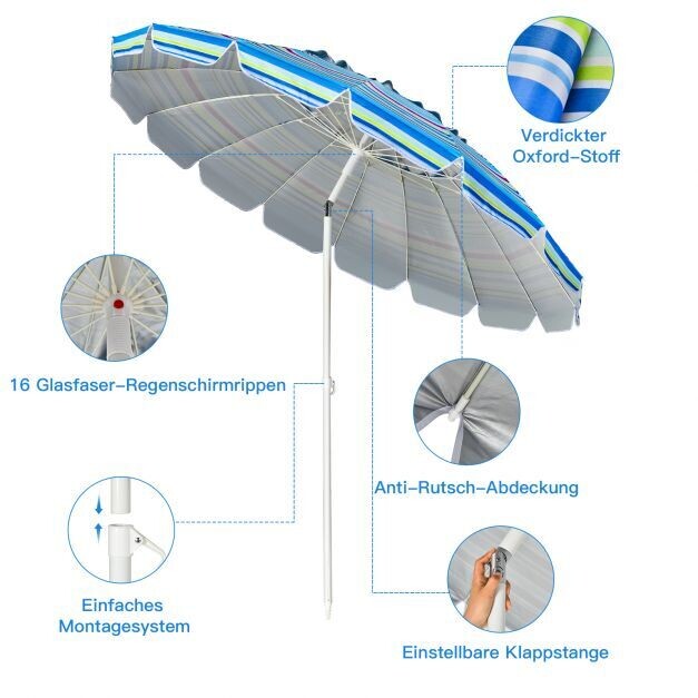 243cm Strand-Sonnenschirm Alu neigbar Terrassenschirm hellblau